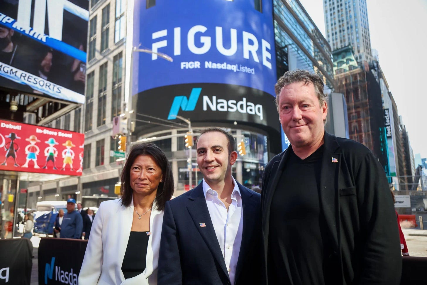June Ou, left, Michael Tannenbaum, center, and Mike Cagney, during Figure Technology Solutions Inc.’s IPO in New York. June Ou, left, Michael Tannenbaum, center, and Mike Cagney, during Figure Technology Solutions Inc.’s IPO in New York.
