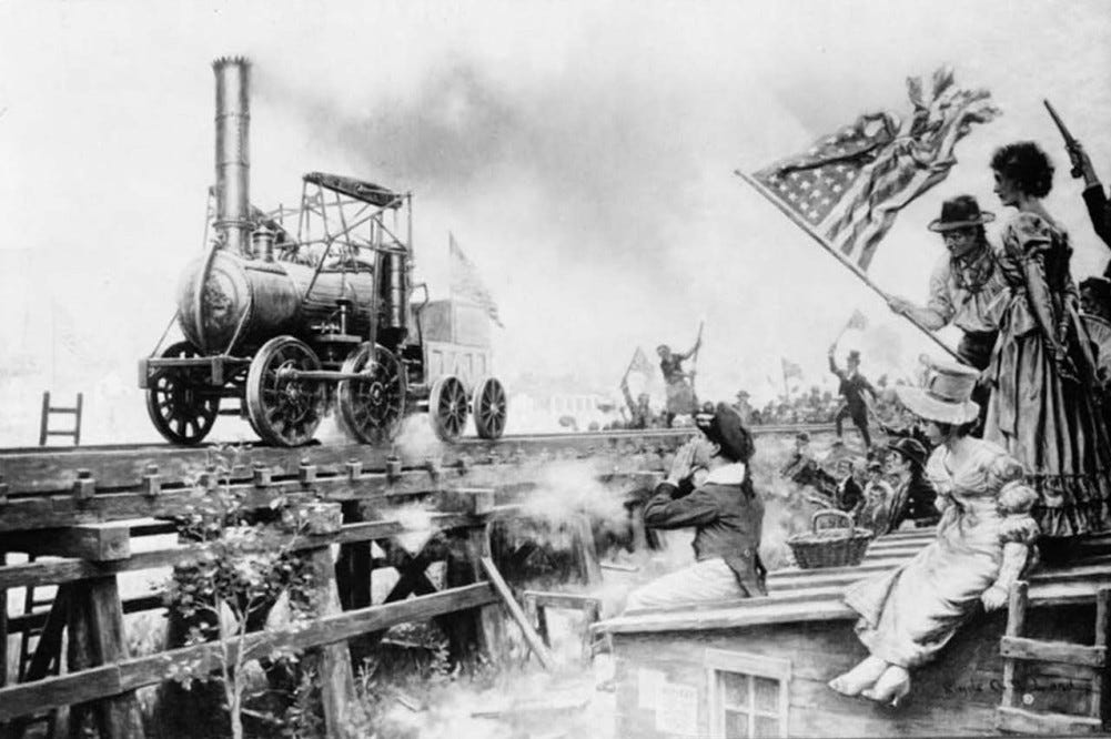This painting depicts an excited crowd waiving flags and cheering the arrival of the first locomotive. Clyde Osmer DeLand, “The First Locomotive. Aug. 8th, 1829. Trial Trip of the "Stourbridge Lion," 1916, http://www.loc.gov/pictures/resource/cph.3c09364/. This painting depicts an excited crowd waiving flags and cheering the arrival of the first locomotive. Clyde Osmer DeLand, “The First Locomotive. Aug. 8th, 1829. Trial Trip of the "Stourbridge Lion," 1916, http://www.loc.gov/pictures/resource/cph.3c09364/.