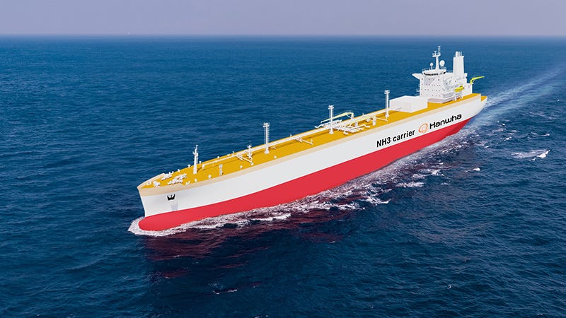 A rendering from Hanwha Ocean shows one of the company’s 93,000 cubic meter very large ammonia carriers ordered by Naftomar. A rendering from Hanwha Ocean shows one of the company’s 93,000 cubic meter very large ammonia carriers ordered by Naftomar.