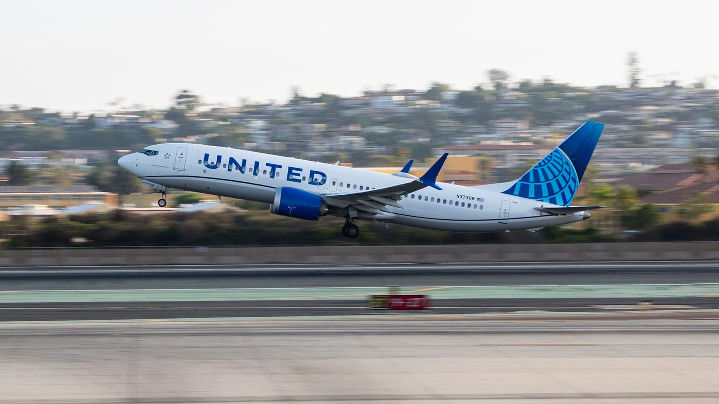 A United Airlines Boeing 737-MAX 8 aircraft departs at San Diego International Airport en route to New York on August 24, 2024 in San Diego, California. A United Airlines Boeing 737-MAX 8 aircraft departs at San Diego International Airport en route to New York on August 24, 2024 in San Diego, California.