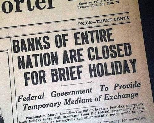 On March 13, 1933, banks in the U.S. begin to re-open after the three-day national "bank holiday" mandated by the Franklin D. Roosevelt's Emergency Banking Act. The banks were shut down four On March 13, 1933, banks in the U.S. begin to re-open after the three-day national "bank holiday" mandated by the Franklin D. Roosevelt's Emergency Banking Act. The banks were shut down four